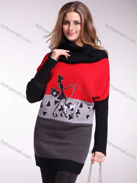 Wholesale Women's High Neck Colorblock Cartoon Pullover Sweater