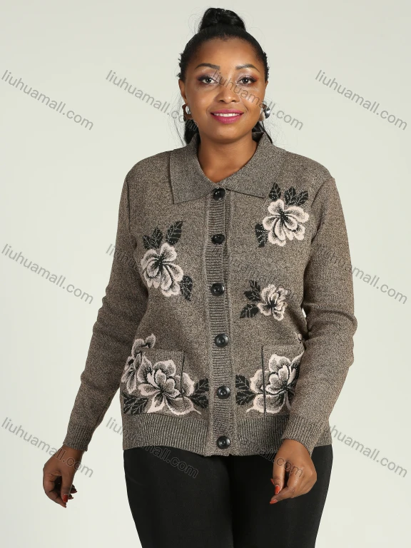 Wholesale Women's Collared Button Front Dual Pockets Floral Casual Knitted Coat