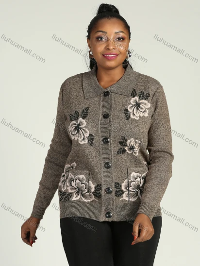 Wholesale Women's Collared Button Front Dual Pockets Floral Casual Knitted Coat