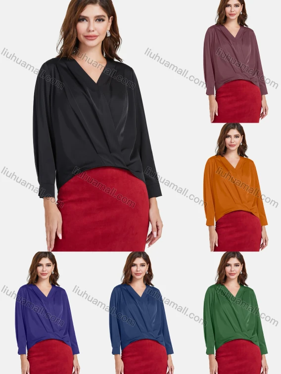 Wholesale Women's Elegant Plain Satin V Neck Long Sleeve Wrap Top, Guangzhou Clothing Wholesale Market & Suppliers - LIUHUAMALL, 