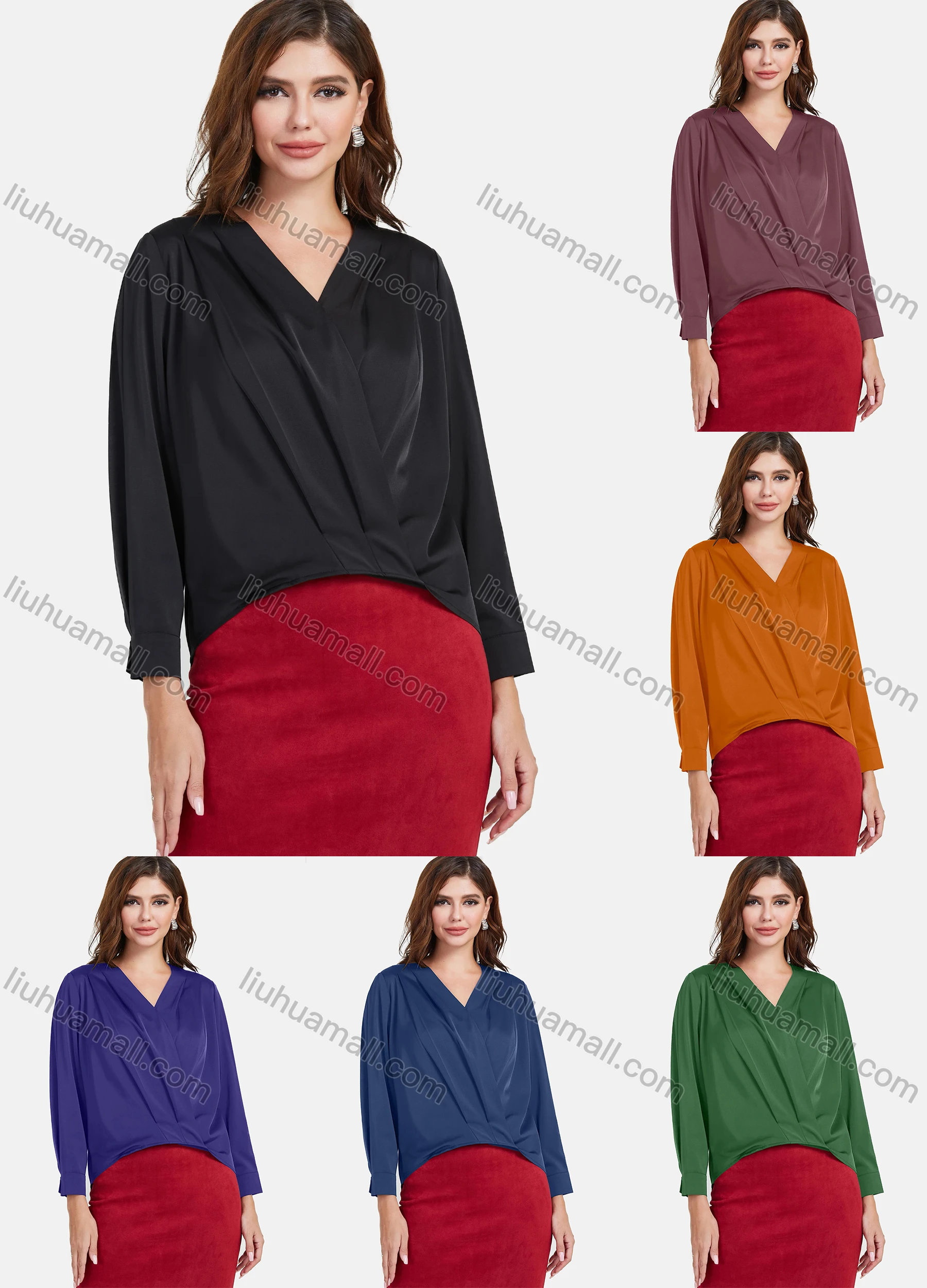 Wholesale Women's Elegant Plain Satin V Neck Long Sleeve Wrap Top