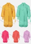Wholesale Women's Plain Tie-Neck High Low Hem Long Sleeve Tunic - Liuhuamall