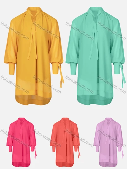 Wholesale Women's Plain Tie-Neck High Low Hem Long Sleeve Tunic