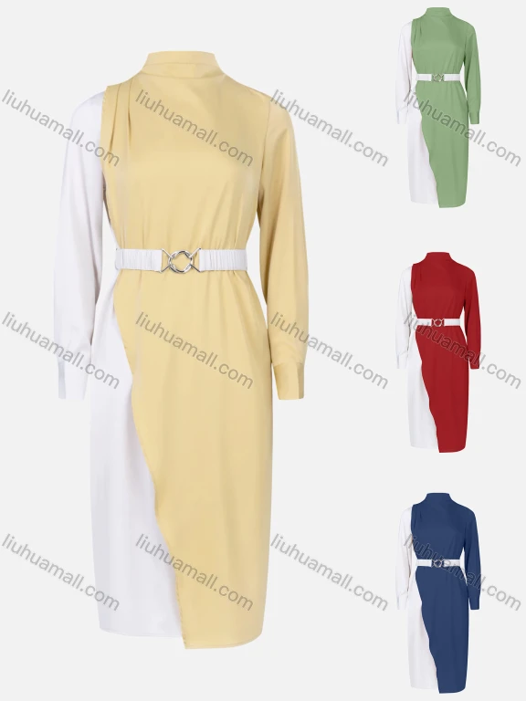 Wholesale Women's Fashion Colorblock Mock Neck Long Sleeve Dress Wtih Belt