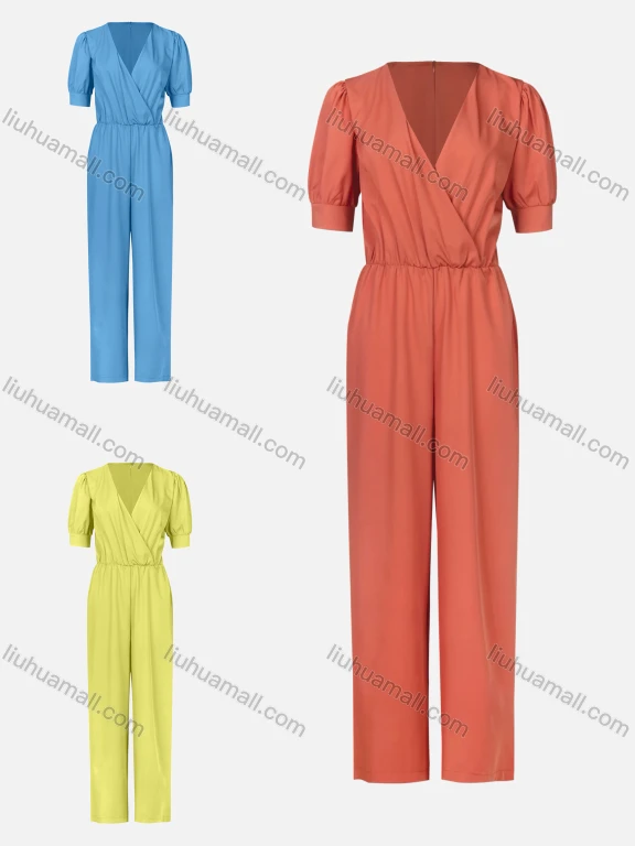 Wholesale Women's Solid Shirred Waist Wide Leg Deep V-Neck Wrap Jumpsuit