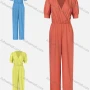 Wholesale Women's Solid Shirred Waist Wide Leg Deep V-Neck Wrap Jumpsuit preview