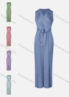 Wholesale Women's Elegant Plain High Waist Belted Wide Leg V-Neck Wrap Jumpsuit - Liuhuamall