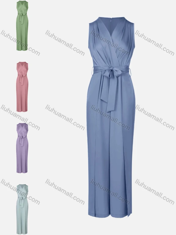 Wholesale Women's Elegant Plain High Waist Belted Wide Leg V-Neck Wrap Jumpsuit