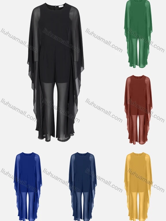 Wholesale Women's Plain Translucent Mesh Back Zip Batwing Sleeve Jumpsuit