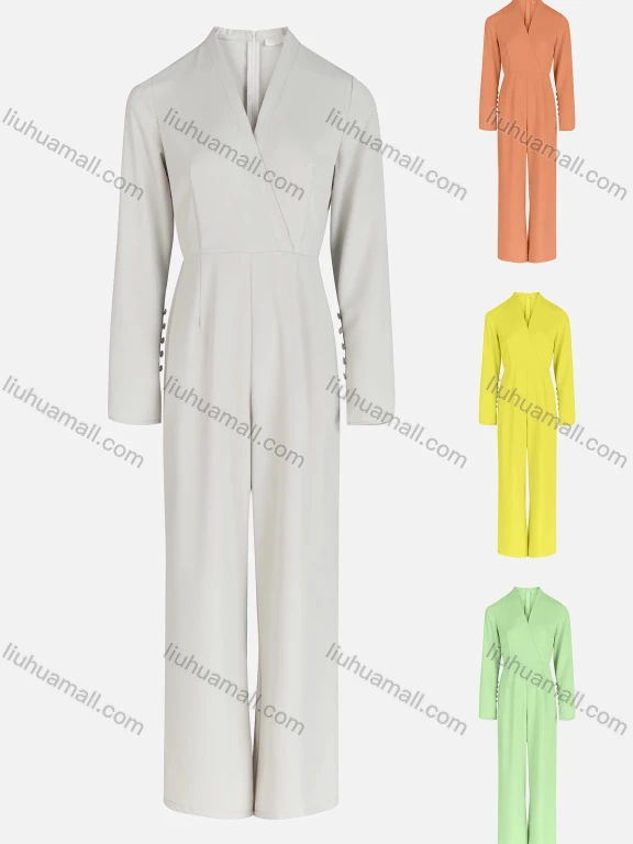 Wholesale Women's Casual Plain Chiffon Wrap Button Decor Jumpsuit