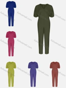 Wholesale Women's Casual Plain V Neck Short Sleeve Elastic Cuff Jumpsuit, LIUHUA CLOTHING WHOLESALE