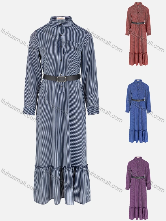 Wholesale Women's Button Front Long Sleeve Ruffle Hem Stripe Dress With Belt
