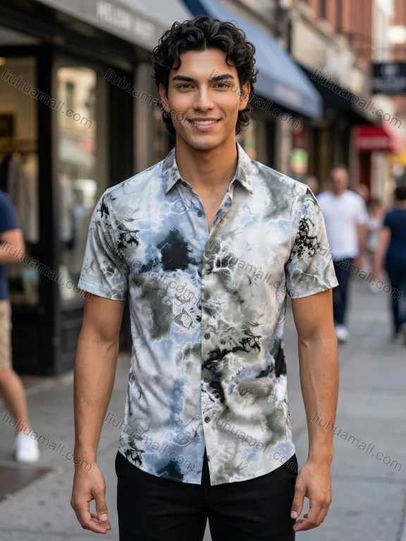 Wholesale In Stock 2026 Men's Slim Fit Abstract Print Short Sleeve Casual Summer Button - Down Shirt