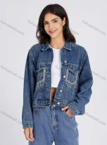Wholesale Women's Casual Rhinestones Fringes Buttons Down Long Flap Pockets Sleeve Denim Jacket 30275#, LIUHUA CLOTHING WHOLESALE