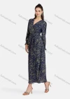 Wholesale Women's Casual Bishop Sleeve Bronzed Print Wrap Tie Front Chiffon Dress - Liuhuamall