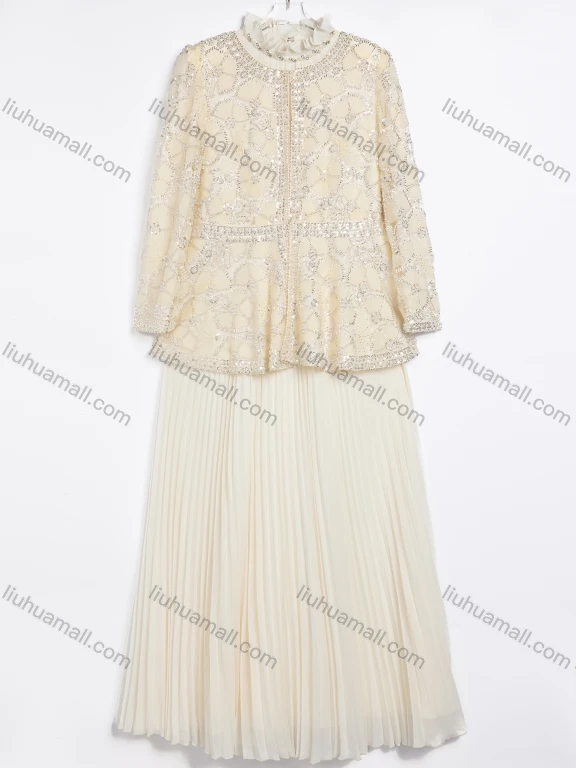 Wholesale Women's Elegant Sequined Tweed Jacket and Pleated Skirt Two-Piece Set #2527-2