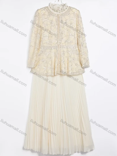 Wholesale Women's Elegant Sequined Tweed Jacket and Pleated Skirt Two-Piece Set #2527-2
