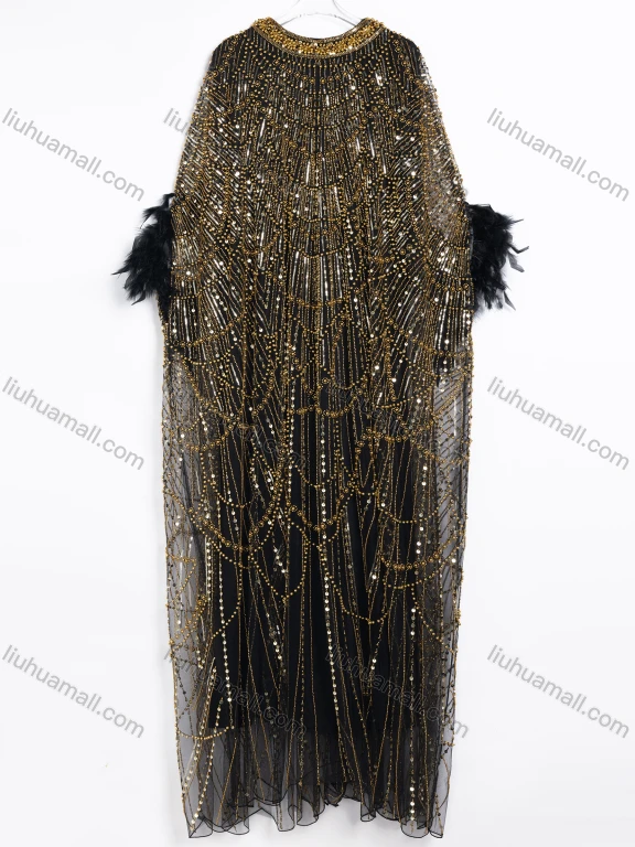 Wholesale Women's Elegant Beaded Sequin Evening Dress and Feather Bolero Two-Piece Set #CJ278