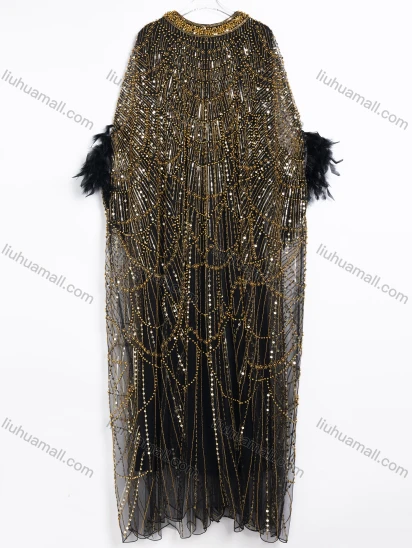 Wholesale Women's Elegant Beaded Sequin Evening Dress and Feather Bolero Two-Piece Set #CJ278