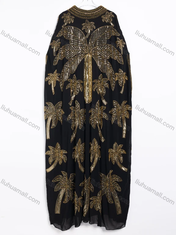 Wholesale Women's Elegant Sequined Palm Tree Patterned Evening Kaftan Two-Piece Set #CJ118