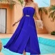 Wholesale Women's Elegant Plain Metal Decor Strapless Split Hem Ruched Midi Tube Dress Royal Blue Guangzhou Clothing Wholesale Market & Suppliers -LIUHUAMALL