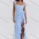 Wholesale Women's Fashion Plain Splicing Ruffle Trim High Waist Split Thigh Halter Maxi Dress Light Blue Guangzhou Clothing Wholesale Market & Suppliers -LIUHUAMALL