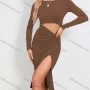 Wholesale Women's Plain Long Sleeve Crew Neck Twist Ruched Split Side Cut Out Elegant Midi Dress preview