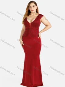 Wholesale Women's Fashion Plain Deep V-Neck Sleeveless Zipper Rhinestone Sheer Mesh Bodycon Mermaid Evening Dress, LIUHUA CLOTHING WHOLESALE
