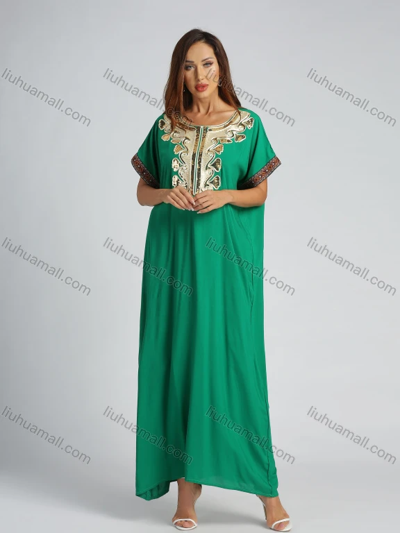 Wholesale Women's Sequin Embroidery Trim Ruffle Hem Batwing Sleeve Maxi Kaftan