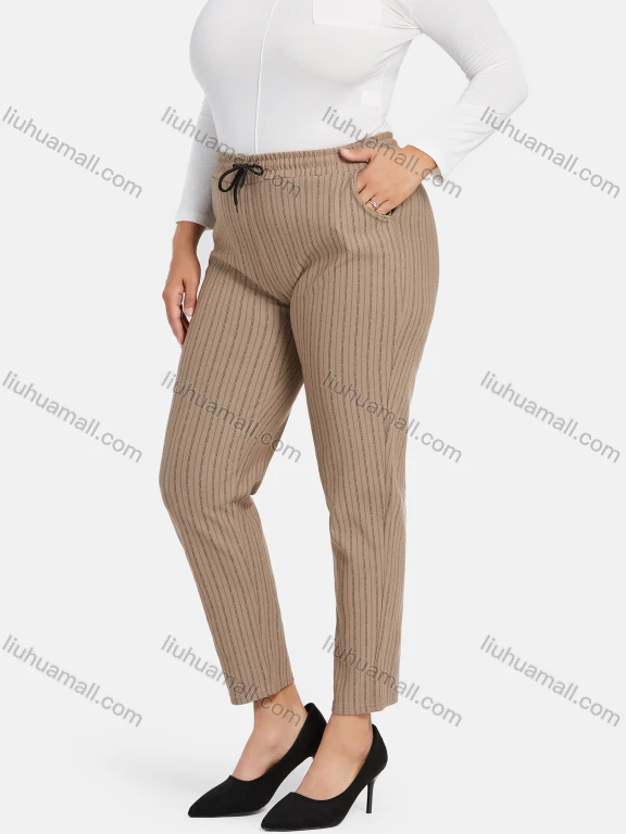 Wholesale Women's Casual Plus Size High Elastic Striped Print Stright Leg Pants With Drawstring 33032#