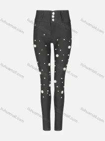 Wholesale Women's Fashion Skinny Pearl High Waist Pockets Buttons Long Plain Legging, LIUHUA CLOTHING WHOLESALE