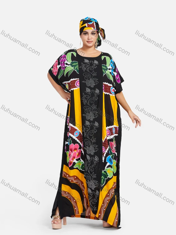 Wholesale Women's African Bat Sleeve Plus Size Floral Splicing Print Rhinestone Trim Maxi Kaftan Dress With Turban SB-59-642#, Guangzhou Clothing Wholesale Market & Suppliers - LIUHUAMALL, Specialty
