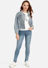Wholesale Women's Casual Long Sleeve Letter Print Button Down Distressed Crop Denim Jacket - Liuhuamall