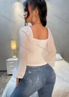 Wholesale Women's Sweetheart Neck Lantern Sleeve Bow Tie Buttons Open Back Plain Blouse AY094# - Liuhuamall