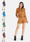 Wholesale Women's Button Down Flap Pocket Crop Suede Jacket With Shorts 2 Piece Set - Liuhuamall