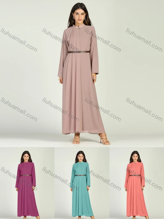 Wholesale Women's Chiffon Mandarin Collar Pleated Long Sleeve Plain Maxi Dress With Belt