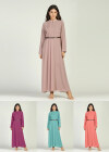 Wholesale Women's Chiffon Mandarin Collar Pleated Long Sleeve Plain Maxi Dress With Belt - Liuhuamall