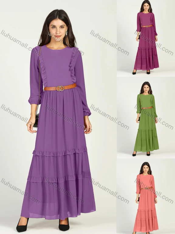 Wholesale Women's Chiffon Crew Neck Plain Ruched Ruffle Trim Layered Hem Maxi Dress With Belt