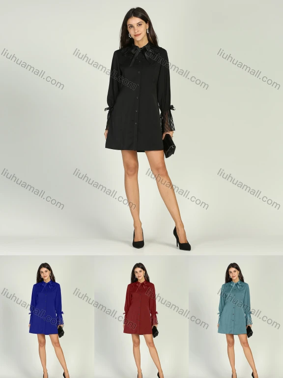 Wholesale Women's Plain Button Front Lace Sleeve Short Shirt Dress
