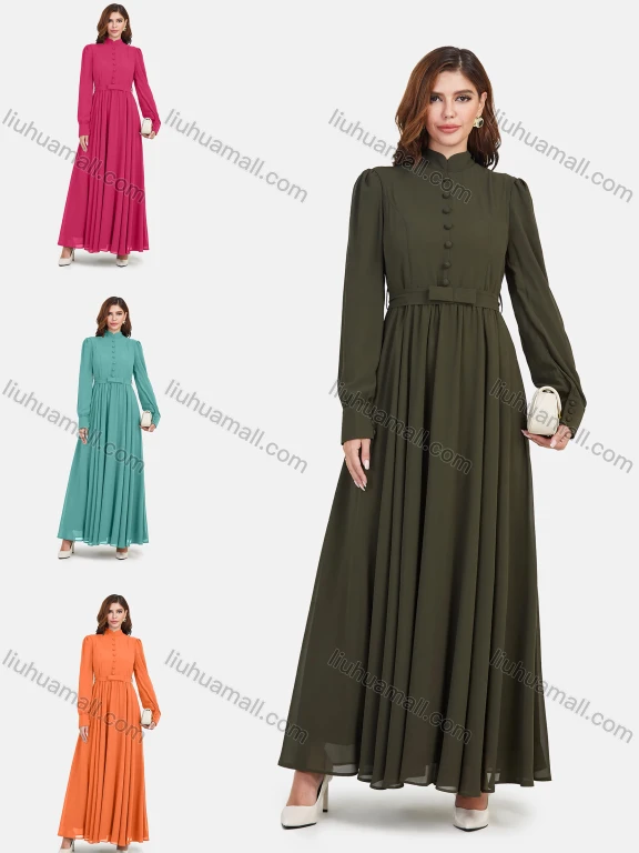 Wholesale Women's Plain Ruched Chiffon Mandarin Collar Long Sleeve Button Decor Maxi Dress