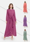 Wholesale Women's Chiffon Plain Long Sleeve Ruffle Wrap Hem Maxi Dress With Belt - Liuhuamall