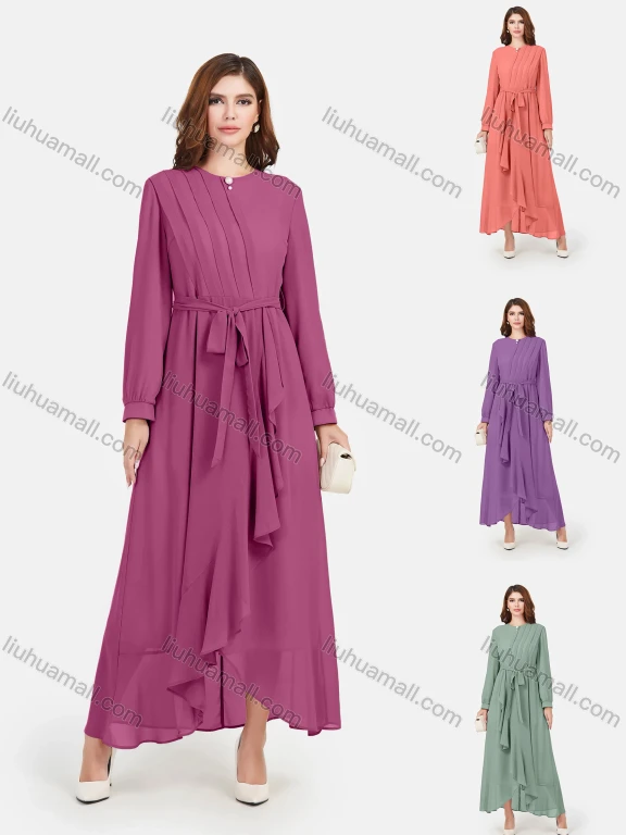 Wholesale Women's Chiffon Plain Long Sleeve Ruffle Wrap Hem Maxi Dress With Belt