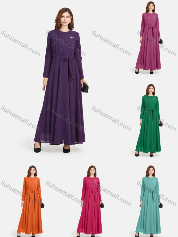 Wholesale Women's Chiffon Plain Decor Sleeve Bowknot Decor Maxi Dress With Belt