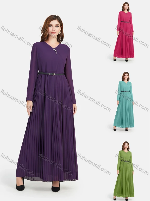 Wholesale Women's Chiffon Plain V Neck Long Sleeve Pleated Dress With Belt