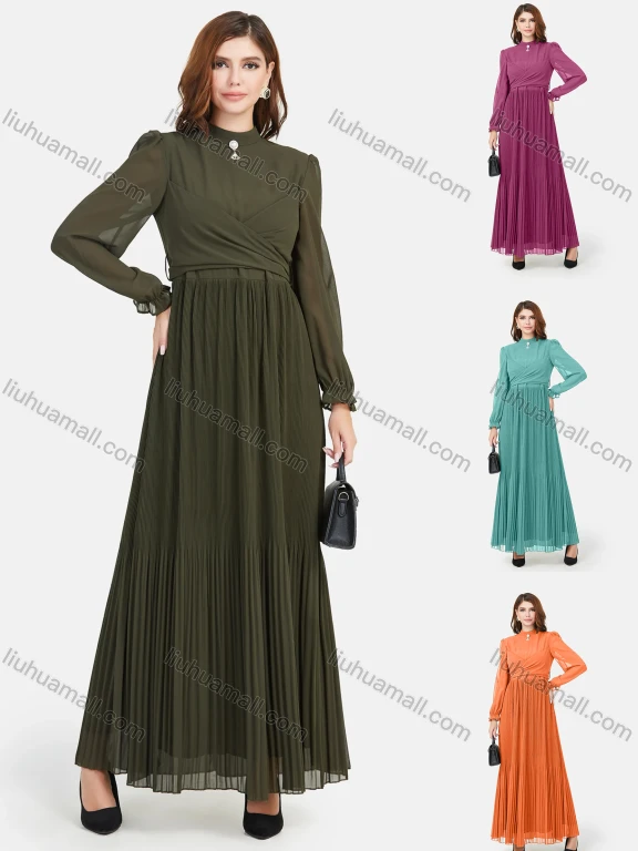 Wholesale Women's Chiffon Plain Mock Neck Long Sleeve Pleated Zip Back Maxi Dress