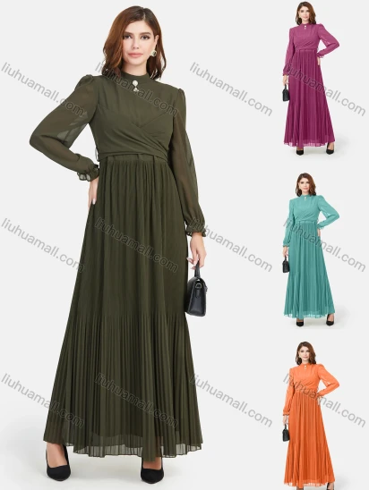 Wholesale Women's Chiffon Plain Mock Neck Long Sleeve Pleated Zip Back Maxi Dress