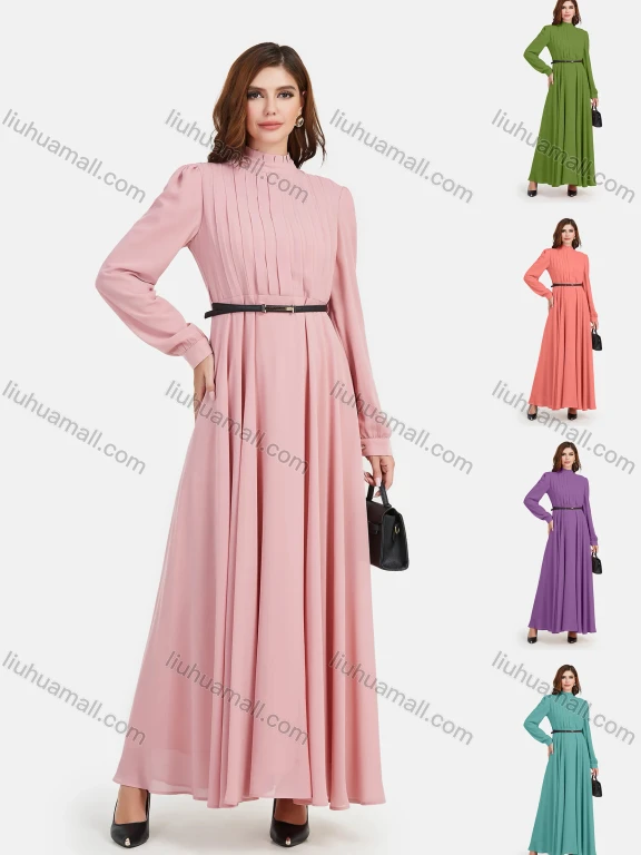 Wholesale Women's Chiffon Plain Mock Neck Long Sleeve Ruched Maxi Dress With Belt