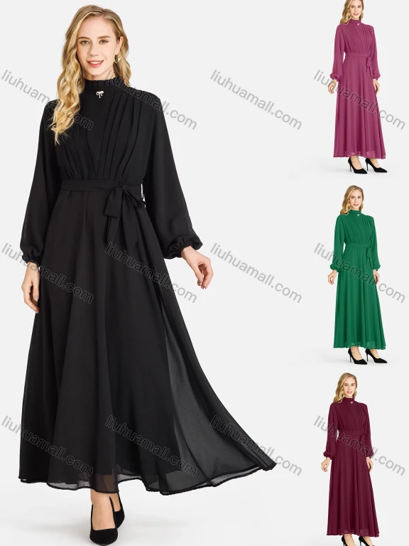 Wholesale Women's Plain Tie Front Zipper Back Long Sleeve Mock Neck Maxi Dress