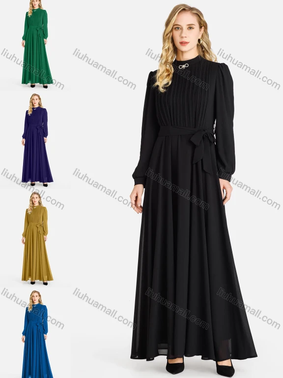 Wholesale Women's Plain Tie Front Zipper Back Long Sleeve Mock Neck Maxi Dress