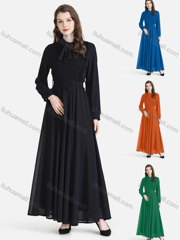 Wholesale Women's Elegant Chiffon Plain Tie Neck Ruffle Trim Lace Up Pleated Maxi Dress